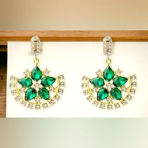 Gold plated emerald green & white crystal earrings with silver post
